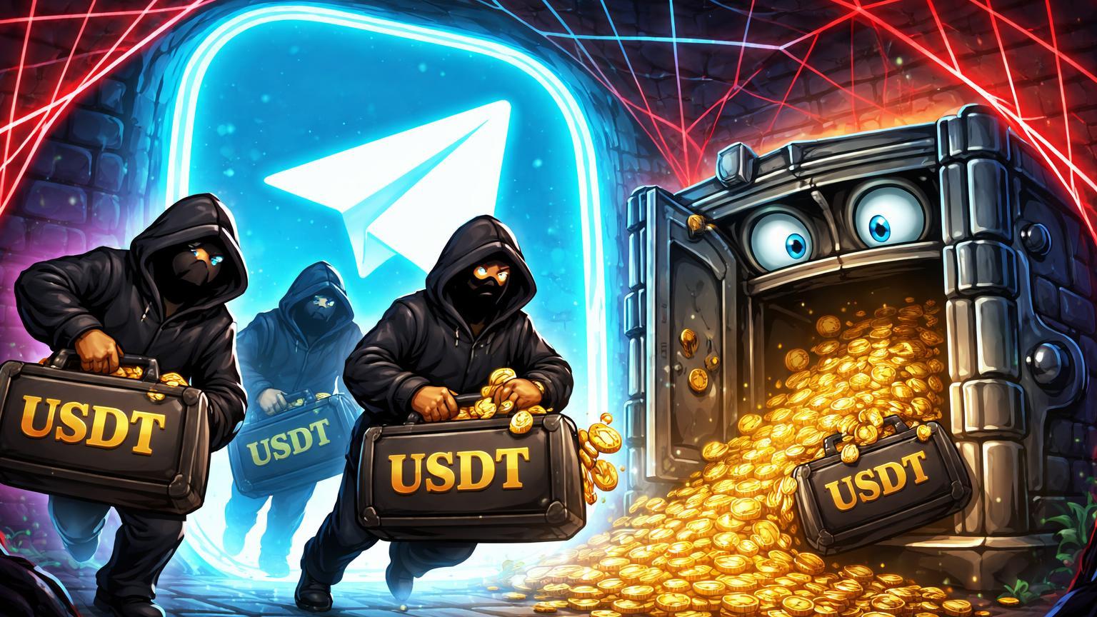 Figuras cartoon criminosas passando maletas USDT por portal Telegram para cofre de exchange, com rede regulatória se fechando, ilustrando lavagem de US$ 414 mi