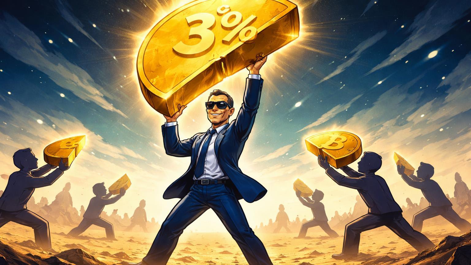 CEO cartoon erguendo fatia dourada com 3% gravado do suprimento Bitcoin, enquanto corporações disputam o resto, simbolizando acumulação e escassez