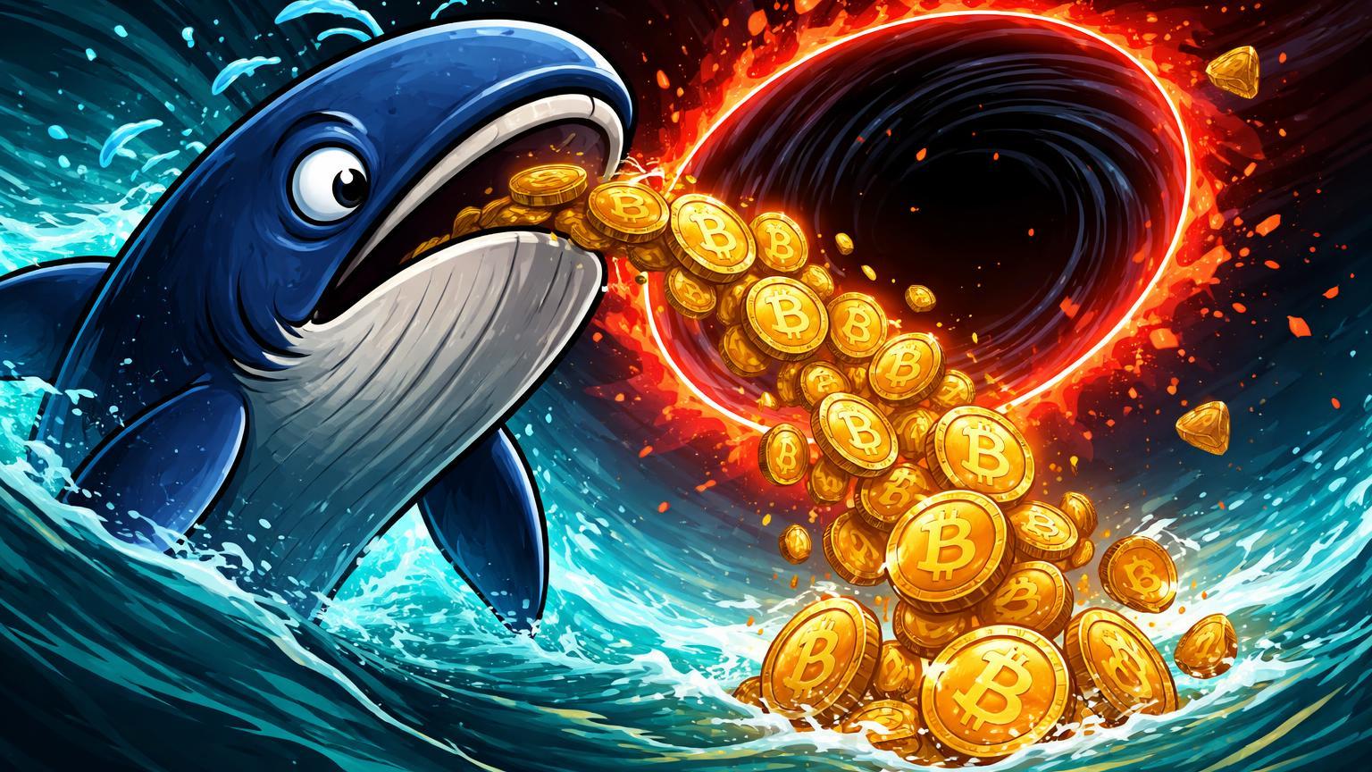 Baleia cartoon despejando moedas BTC em vórtice de exchange com aura vermelha, ilustrando transferência da GameStop e alerta de queda no Bitcoin