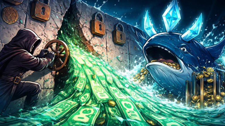 Personagem cartoon estatal liberando rio de USDT por brecha em muro de sanções, pressionando baleia Ethereum e simbolizando evasão geopolítica