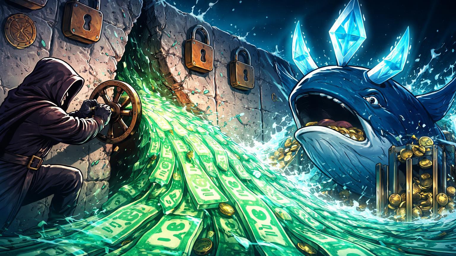 Personagem cartoon estatal liberando rio de USDT por brecha em muro de sanções, pressionando baleia Ethereum e simbolizando evasão geopolítica