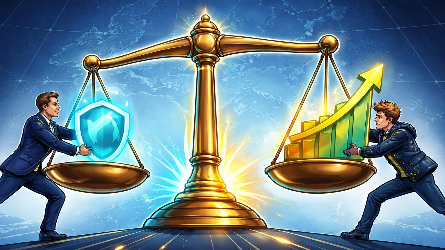 Personagens cartoon regulador europeu e operador de exchange equilibrando balança com escudo e gráfico crescente, simbolizando impacto do MiCA