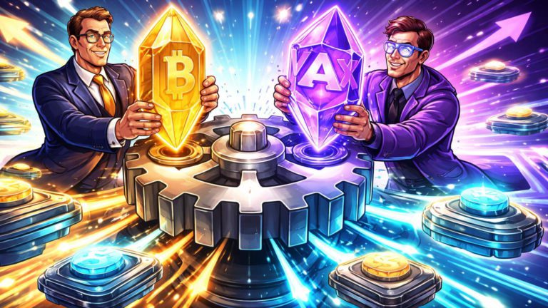 Executivos cartoon institucionais girando engrenagem conectada a cristais BTC e AVAX, simbolizando lancamento de ETFs e aceleracao no mercado cripto