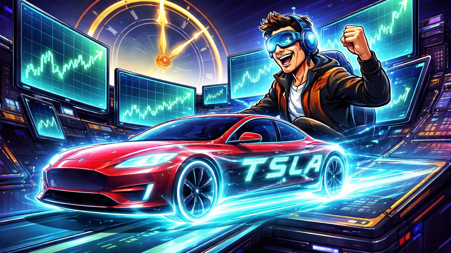 Trader cartoon pilotando carro Tesla holográfico com TSLA neon saindo de tela de trading, simbolizando negociação 24/7 na Binance