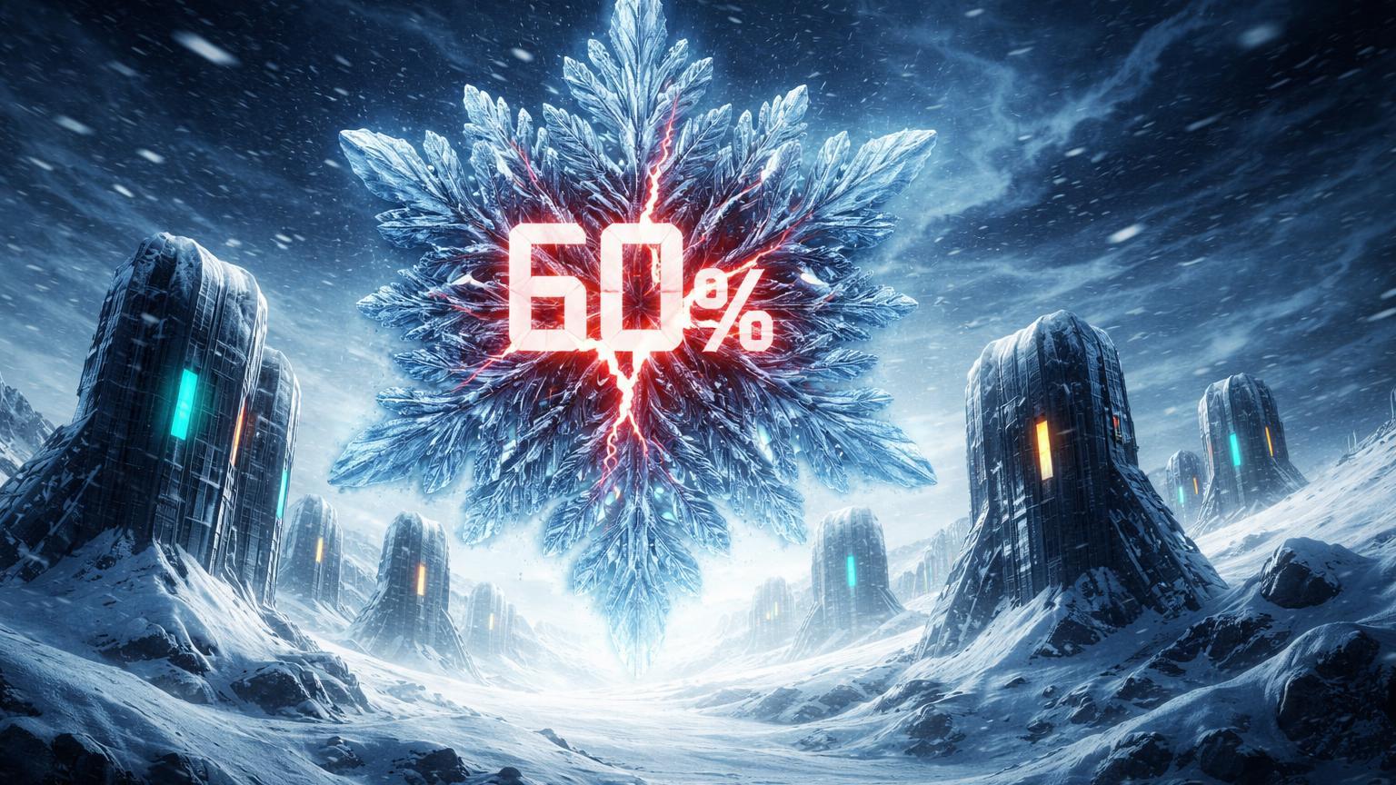 Torres de mineração digital congeladas por nevasca intensa com cristal '60%' rachado, ilustrando queda no hashrate do Bitcoin por tempestade nos EUA