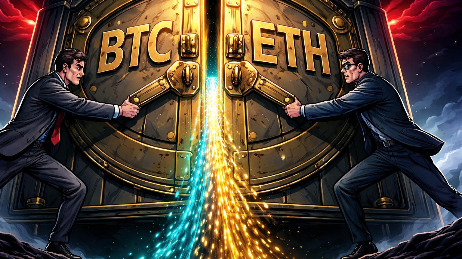 Executivos cartoon fechando portas de cofre ETF com siglas BTC/ETH enquanto capital dourado escapa, simbolizando saídas de US$1,7 bi e gap CME