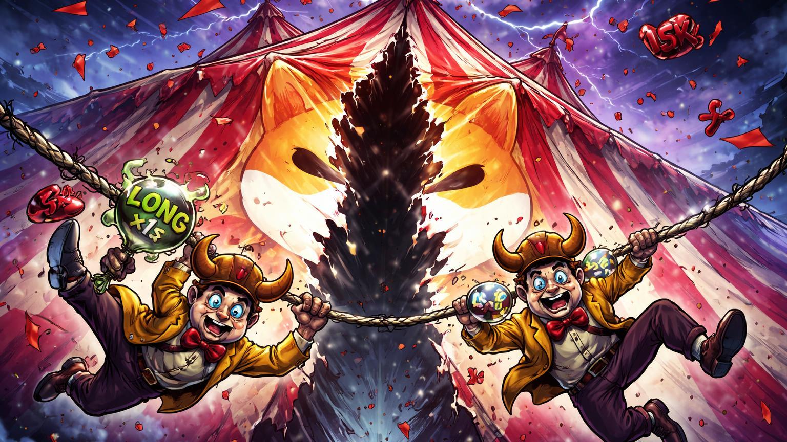Trapezistas cartoon caindo de corda rompida em tenda de circo SHIB rasgada, simbolizando liquidações de 15K% em posições long de Shiba Inu