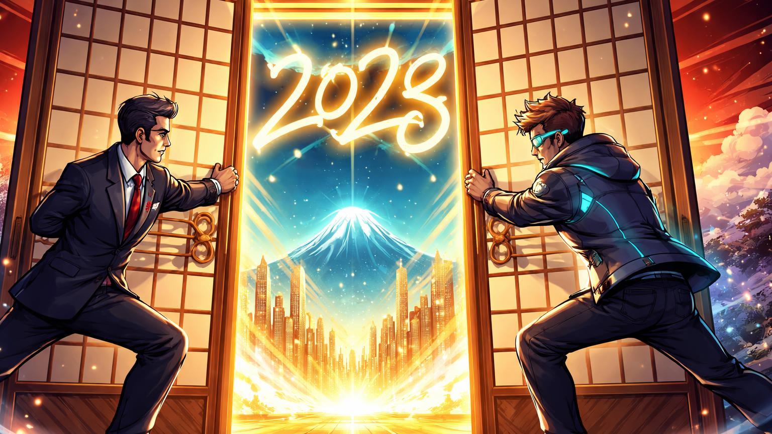 Executivos cartoon japoneses abrindo porta shoji com 2028 gravado, revelando horizonte cripto, simbolizando planos de ETFs por Nomura e SBI