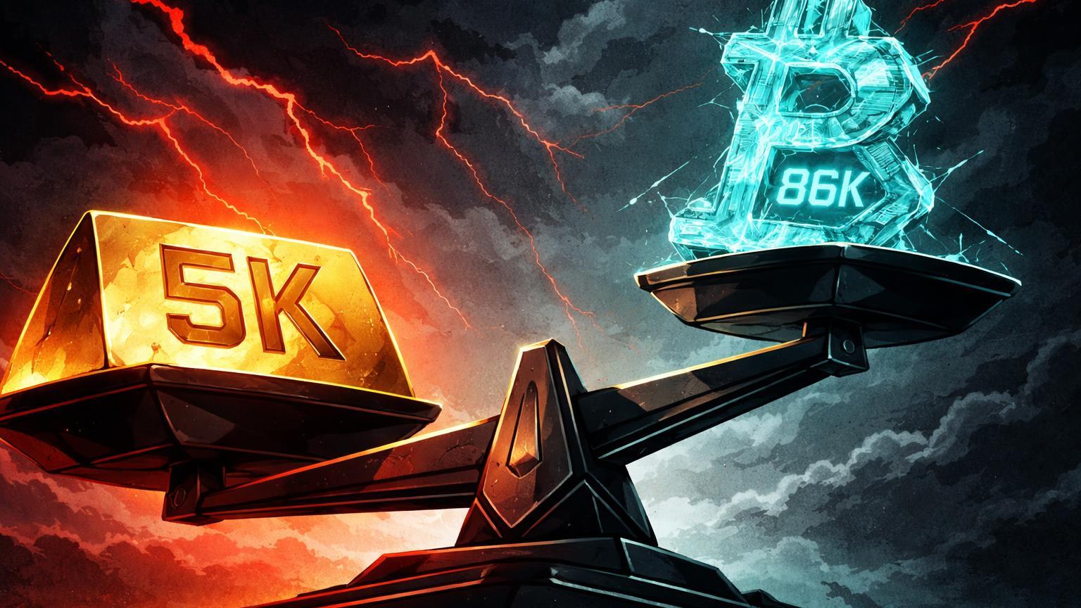 Balança desequilibrada com lingote dourado '5K' afundando sobre estrutura Bitcoin '86K' frágil, simbolizando ouro superando BTC em tensões globais