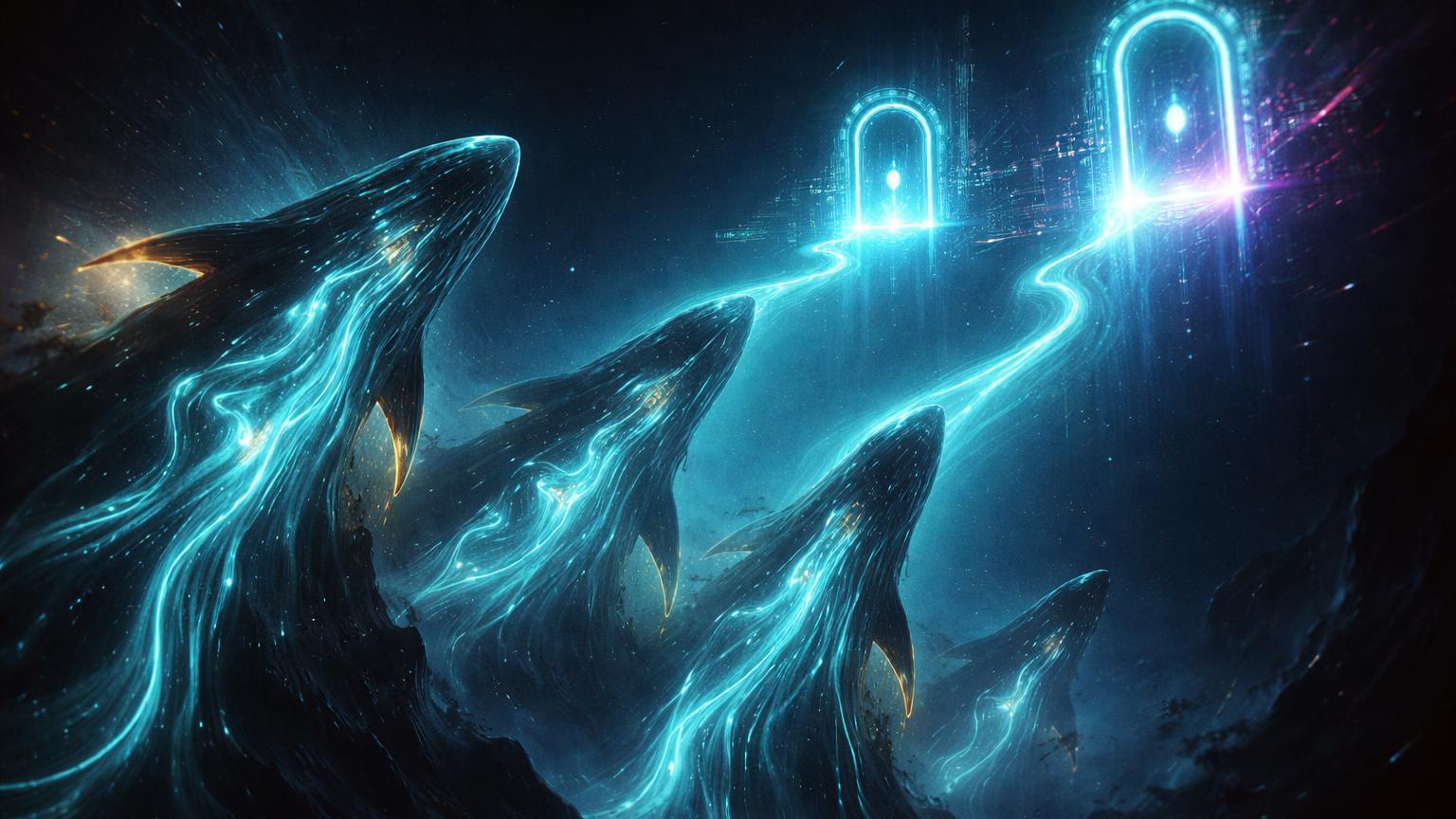Silhuetas colossais de baleias digitais emergindo de abismo com trilhas ETH para exchanges e DeFi, alertando sobre wallets dormentes de Ethereum