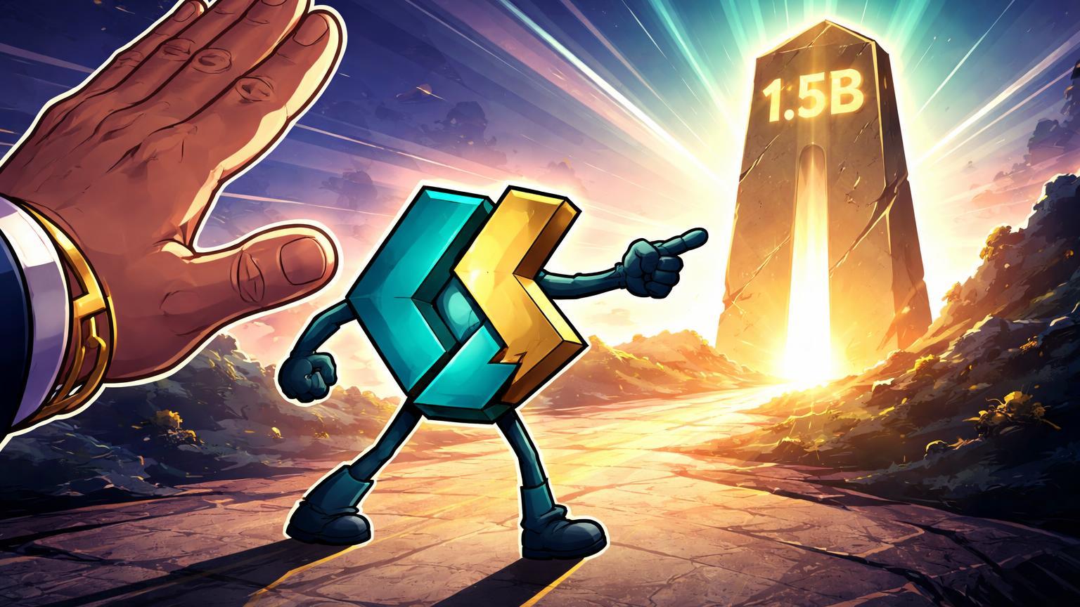 Personagem startup cripto cartoon rejeitando mão gigante corporativa e mirando monolito 1.5B, simbolizando independência da Zero Hash