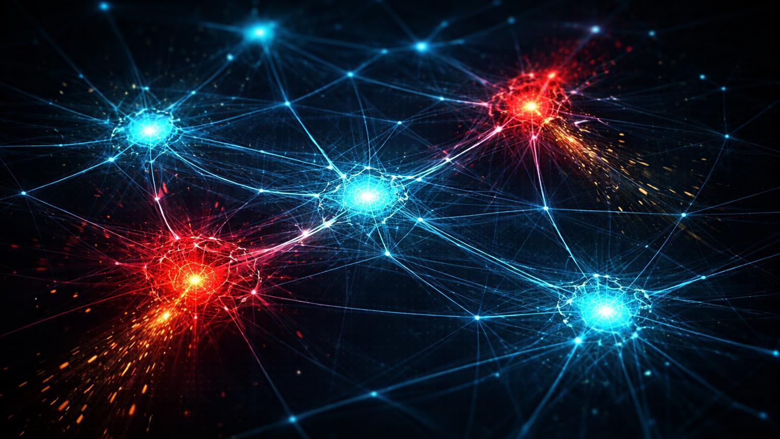 Rede neural digital com nós corrompidos vazando energia vermelha, simbolizando hacks em DeFi que drenaram US$ 23 milhões em Base e Saga