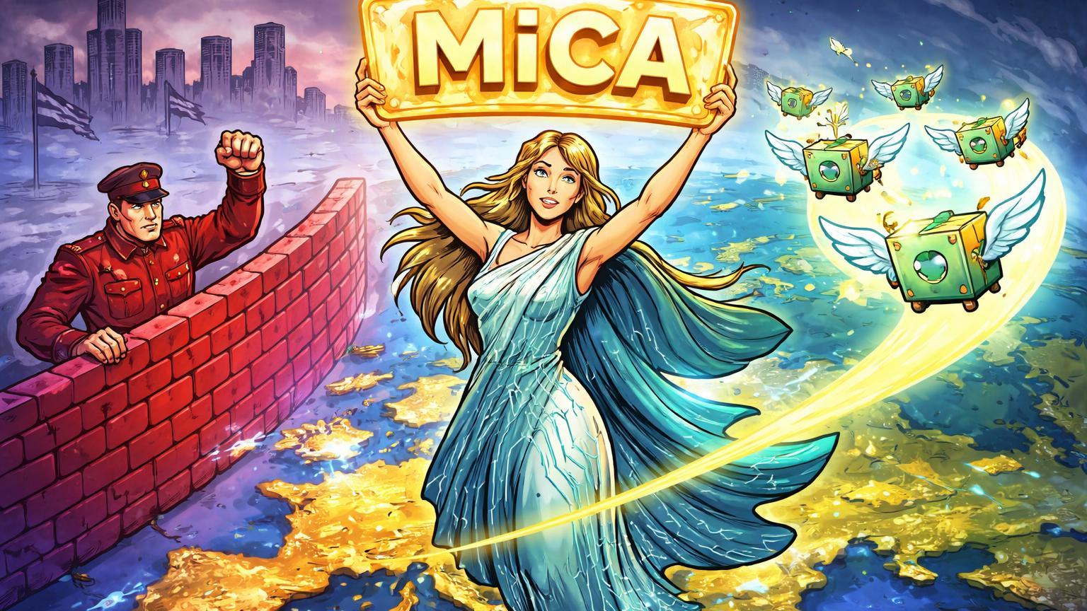 Figuras cartoon da Europa acolhendo exchanges com placa MiCA, enquanto Rússia ergue muro de sanções, mapeando migração geopolítica