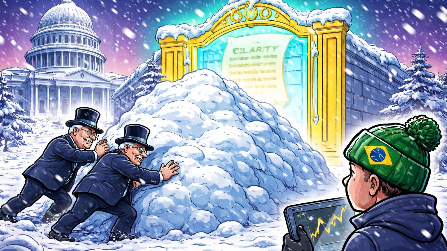 Senadores cartoon empurrando pilha de neve bloqueando portão dourado da lei cripto, com investidor observando, simbolizando adiamento da CLARITY Act por nevasca e shutdown