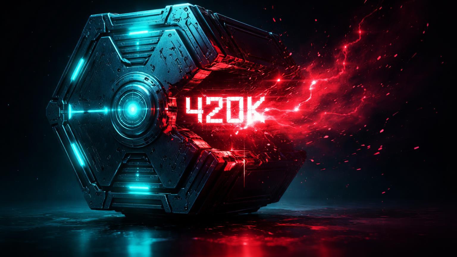 Vault cyberpunk hexagonal com brecha vermelha vazando fluxo de dados e '420K' glitchado, expondo vazamento de senhas da Binance