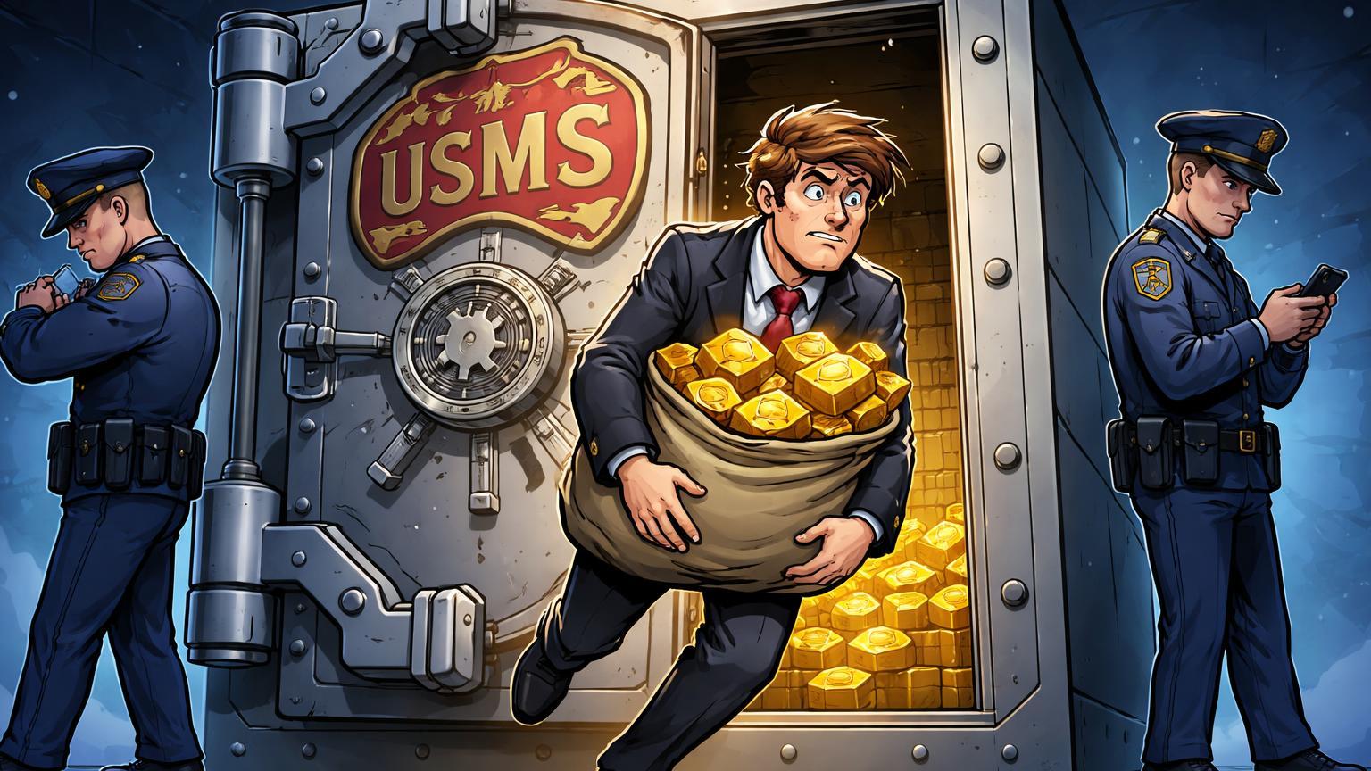 Personagem cartoon jovem furtando cofre USMS com lingotes de cripto enquanto guardas distraídos, destacando riscos em custodia estatal