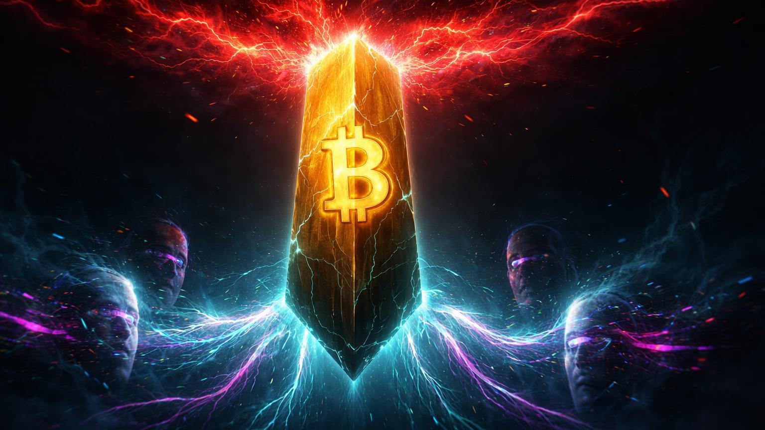 Monolito BTC dourado comprimido por onda macro vermelha e glitches deepfake neon, simbolizando pressao Fed/shutdown e hacks Lazarus
