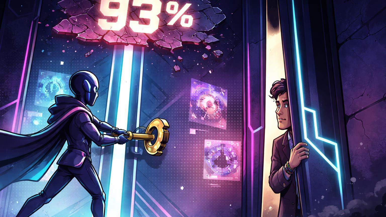 Personagens cartoon fechando portas de galeria neon NFT com colecionador observando placa '93%' rachada, marcando fim da Nifty Gateway