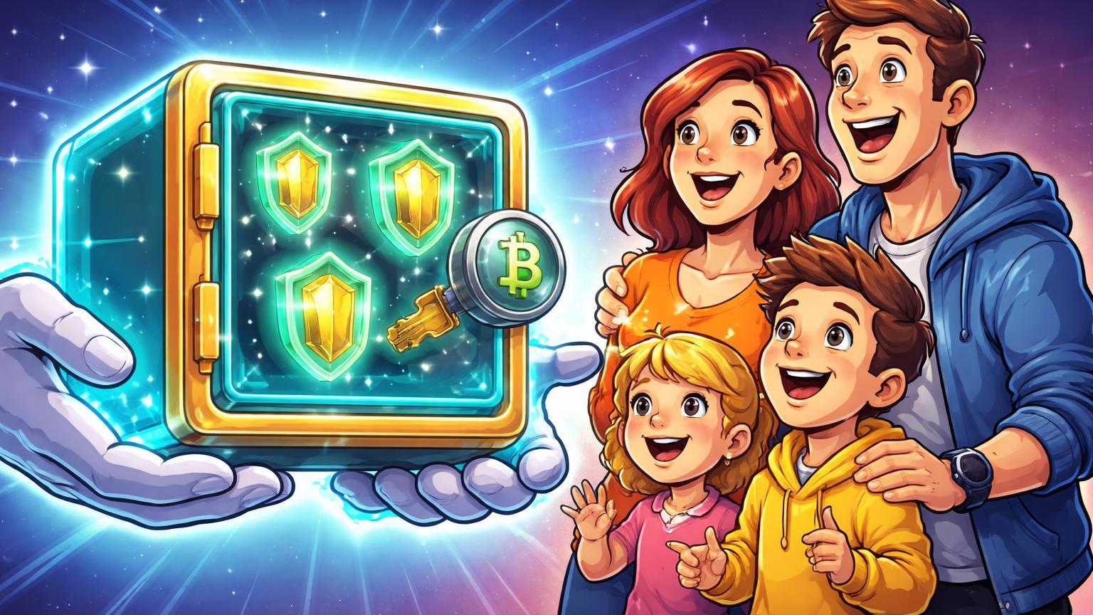Família cartoon recebendo cofre digital protegido com chaves cripto, simbolizando planejamento sucessório seguro para herança familiar