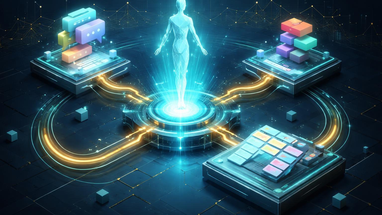 Núcleo cyan isométrico conectando torres de chat, design e tarefas via fios dourados, com agente autônomo emergindo para integrações cripto