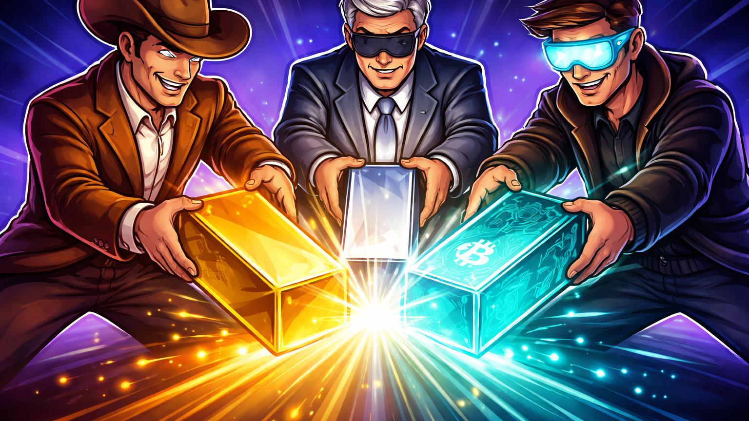Personagens cartoon estilizados fundindo lingotes de ouro, prata e Bitcoin em forma unificada, simbolizando lançamento do ETF BPRO pela Bitwise na NYSE