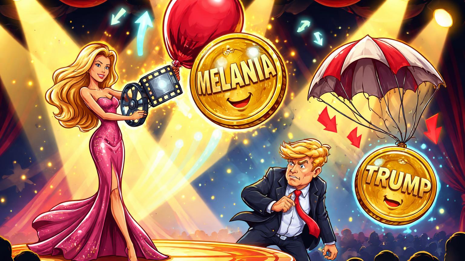 Palco de circo cartoon com figuras políticas estilizadas impulsionando memecoin MELANIA para cima enquanto TRUMP cai, satirizando pump-and-dump em cripto-política