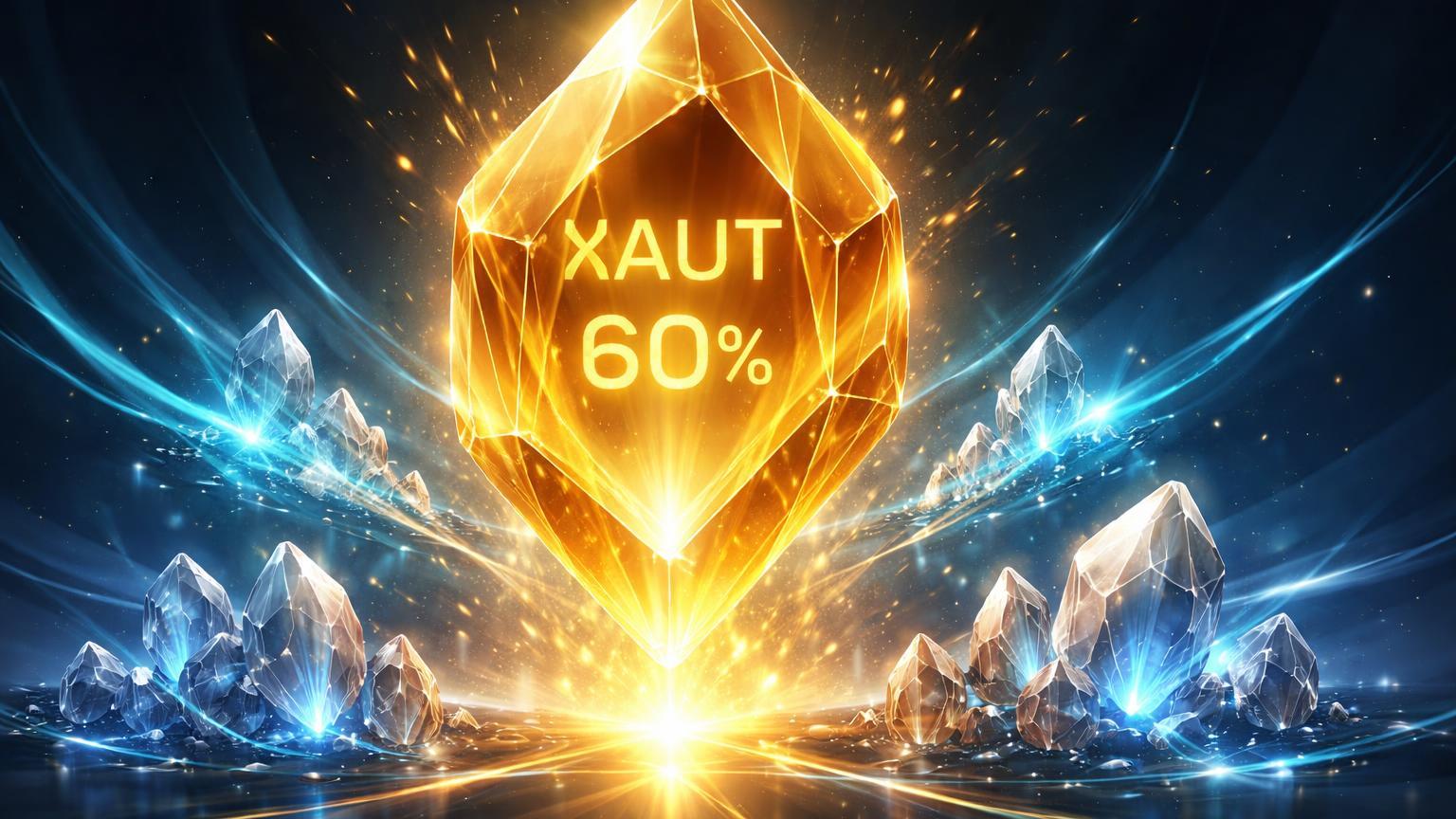 Gema dourada translúcida XAUT com 60% gravado dominando clusters de stablecoins menores, simbolizando liderança no mercado de tokens de ouro