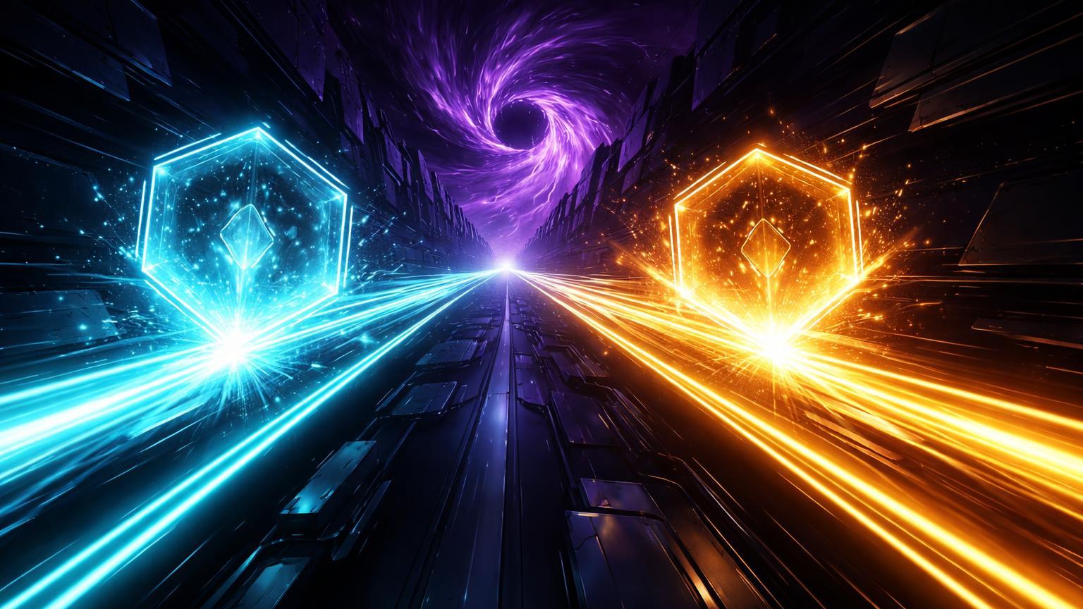 Trilhas neon cyan e dourada em corrida paralela sobre vórtices quânticos roxos, representando corrida pós-quântica de Ethereum e Bitcoin