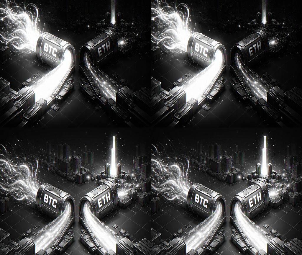 Estruturas isométricas canalizando ondas de volatilidade em tubos BTC dourado e ETH cyan, representando novos contratos no Polymarket