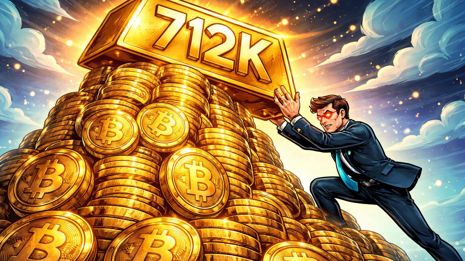 Executivo cartoon com laser eyes empilhando lingote BTC marcado 712K em reserva colossal, celebrando acumulação histórica da MicroStrategy