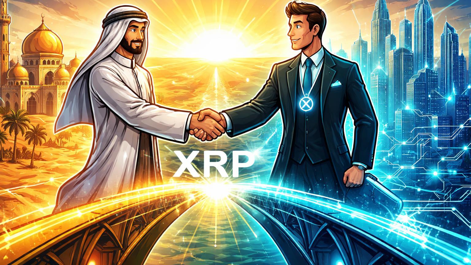 Executivos cartoon de banco saudita e Ripple apertando mãos sobre ponte digital com XRP luminoso, simbolizando parceria blockchain na Arábia Saudita
