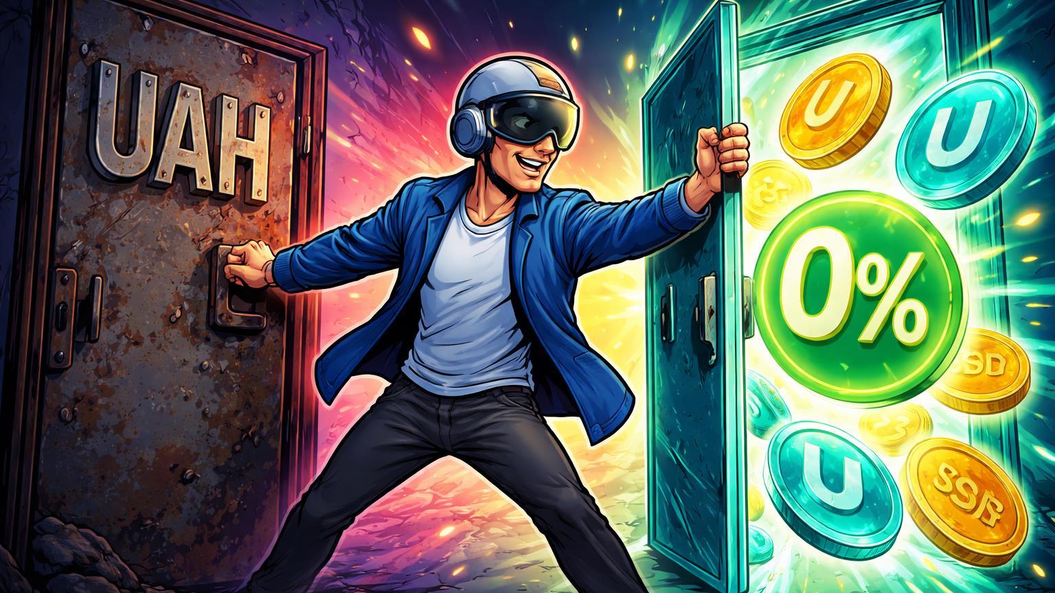 Trader cartoon fechando porta UAH enferrujada e abrindo portal stablecoins com badge 0% neon, simbolizando novos pares sem taxas na Binance