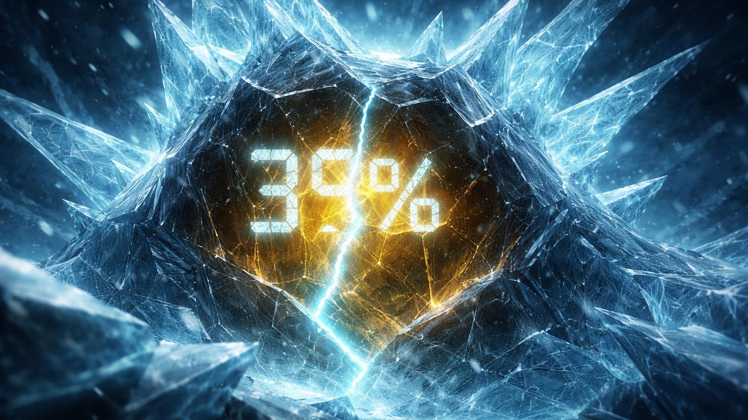 Núcleo dourado Bitcoin sufocado por teia de gelo cristalino com '39%' rachado, ilustrando queda de hashrate por tempestade nos EUA