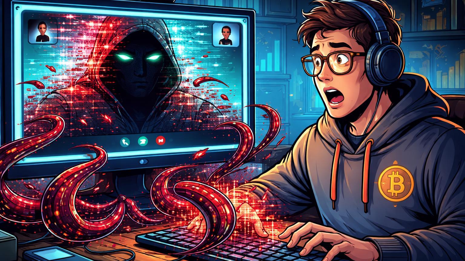 Trabalhador cripto cartoon em videochamada Zoom com deepfake glitchando em máscara hacker e malware se espalhando, alertando sobre ataques norte-coreanos