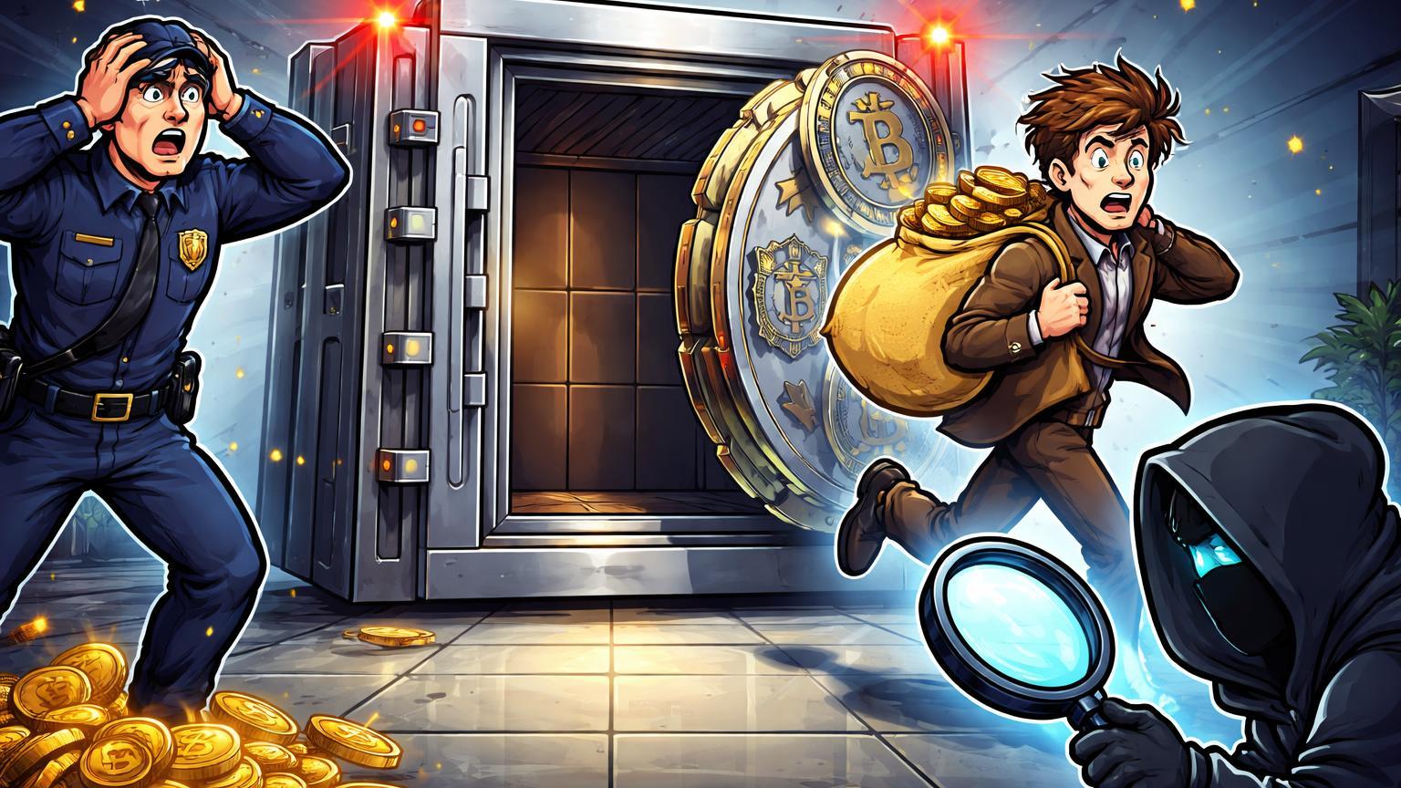 Cofre governamental cartoon escancarado com suspeito fugindo carregando cripto roubada e investigador apontando lupa, expondo falha na custódia estatal