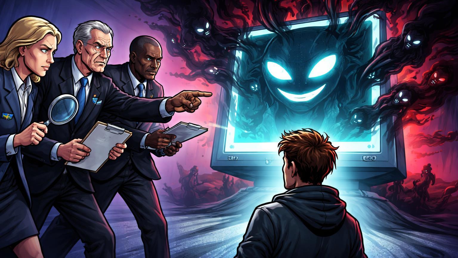 Reguladores europeus cartoon investigando tela de IA com sombras sombrias emergindo, simbolizando probe da UE contra Grok por conteúdo ilegal