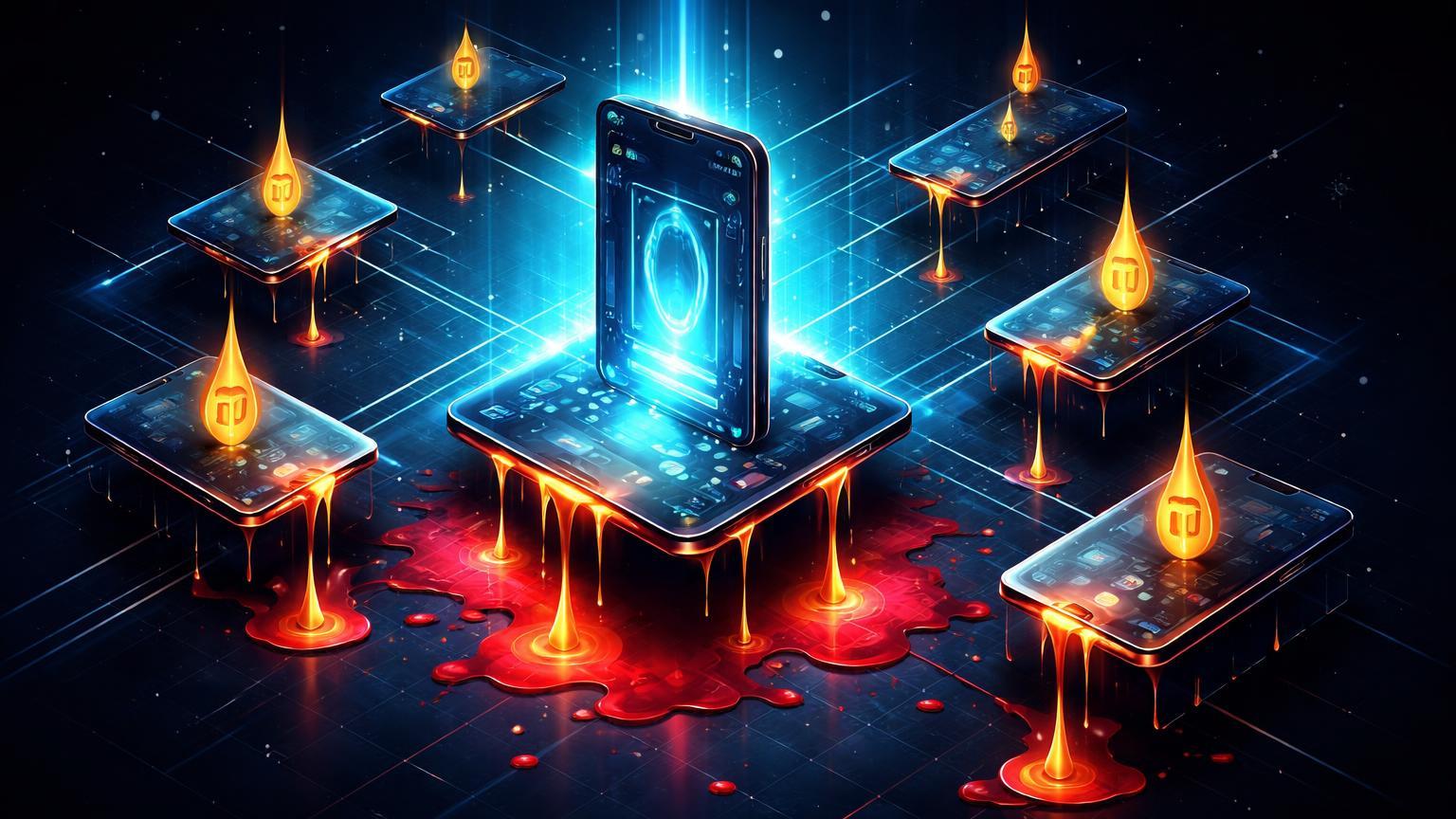 Rede isométrica de smartphones minerando com tokens PI escorrendo em vermelho e app pagamentos central cyan brilhando, simbolizando testes em meio à queda de 94% no Pi Network