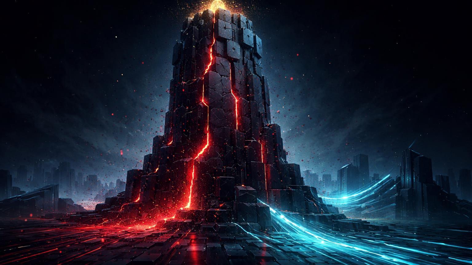 Torre de hashrate digital rachando com luz vermelha vazando e fluxos cyan para IA, simbolizando prejuízos de mineradores e riscos em baixa do BTC