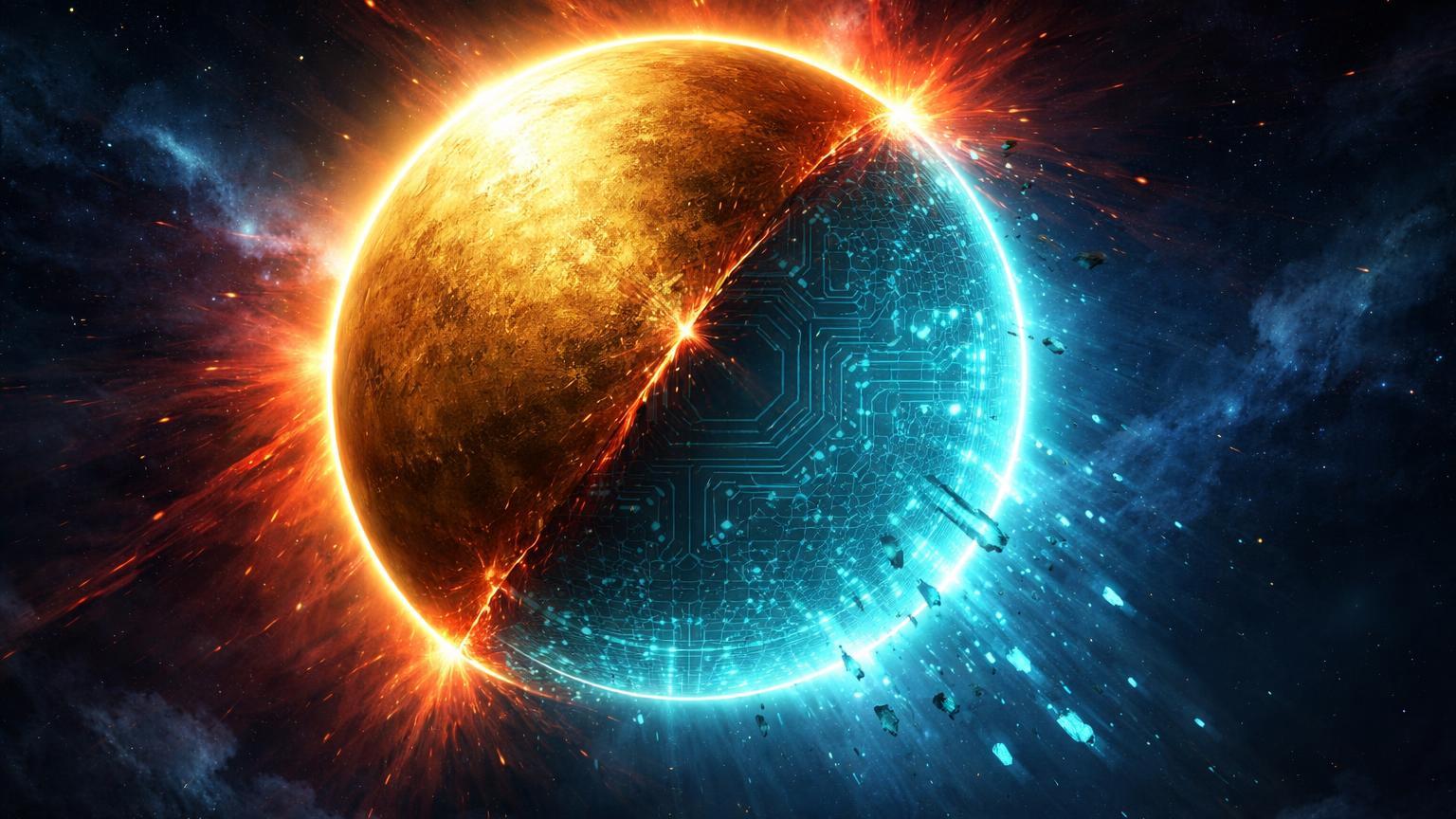 Eclipse dourado de ouro sobre disco cyan hexagonal de Bitcoin com raios vermelhos, simbolizando perda para ouro e prata em crise risk-off