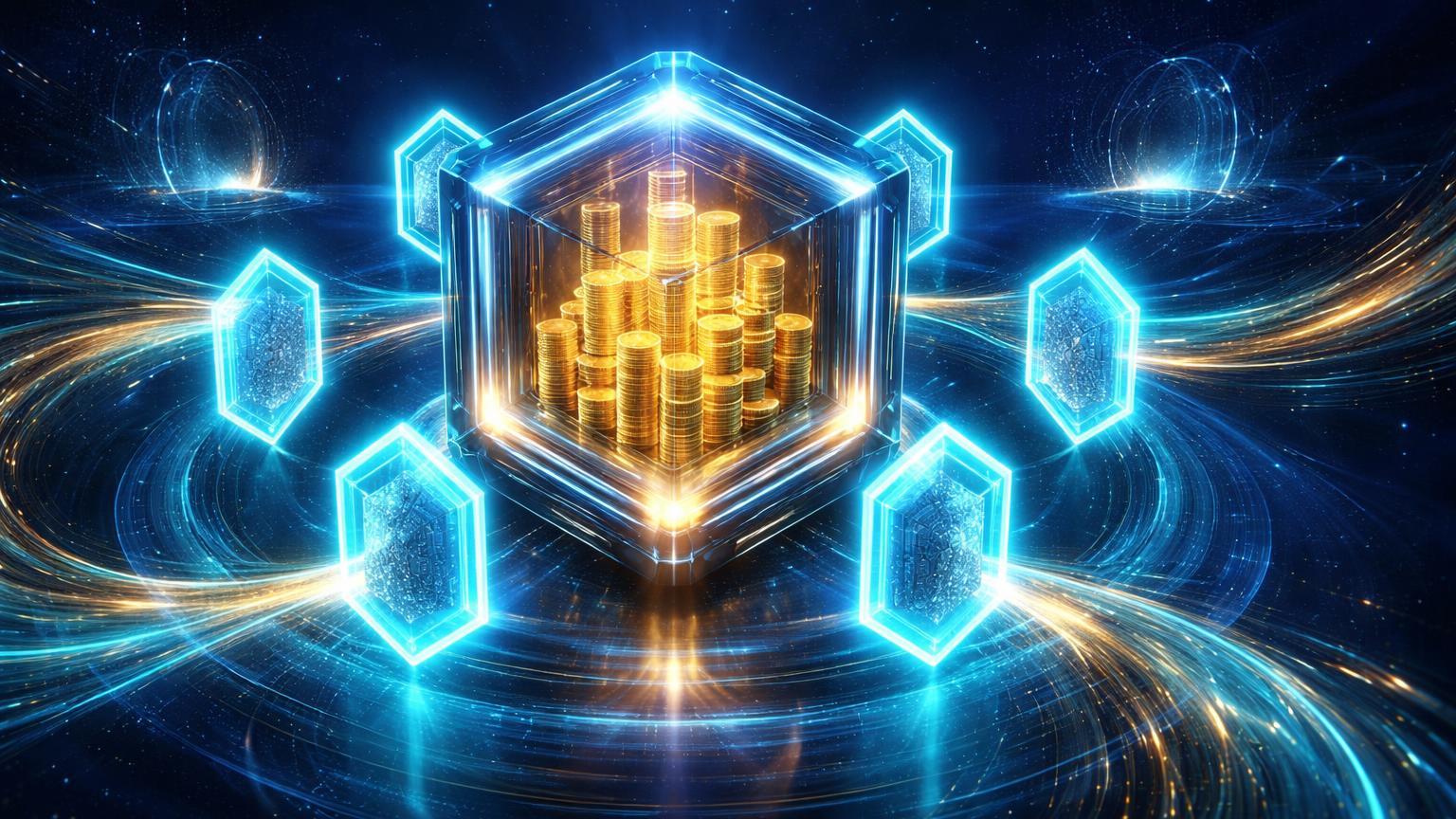 Tesouraria digital hexagonal protegida por escudos cyan e fluxos ondulantes azul-dourados, simbolizando Chainlink e Ripple em finanças globais