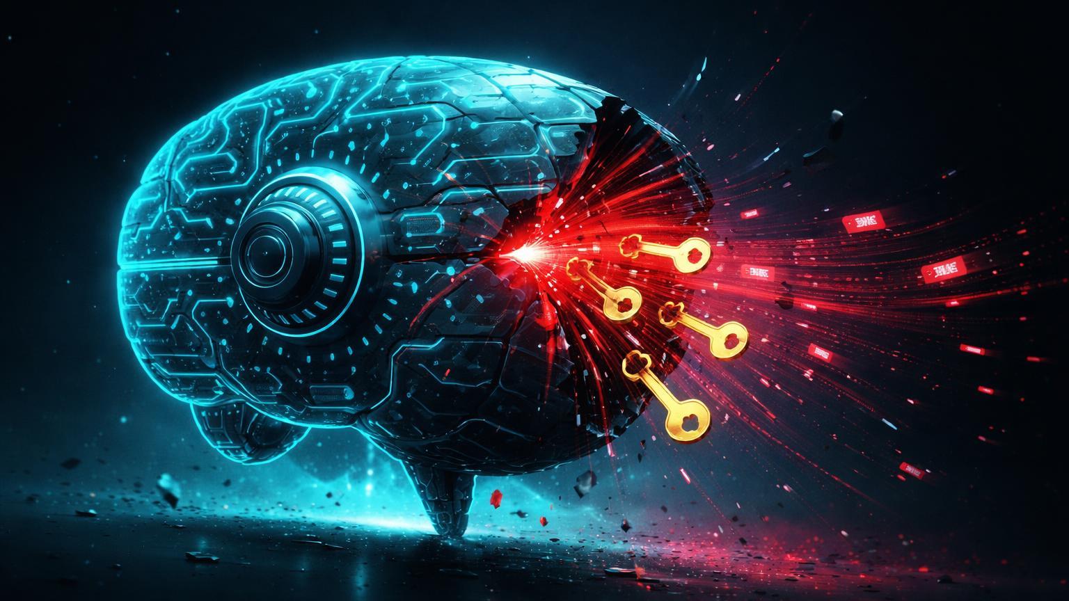 Cofre cerebral de IA rachado vazando chaves douradas e fluxos vermelhos, representando falha de segurança no Clawdbot e scams cripto