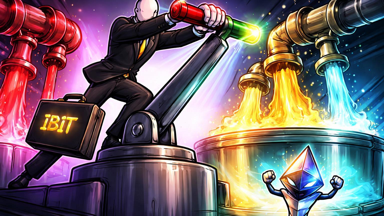 Executivo cartoon BlackRock puxando alavanca para reverter saídas e abrir influxos dourado e cyan em tanque cripto, simbolizando recuperação de ETFs