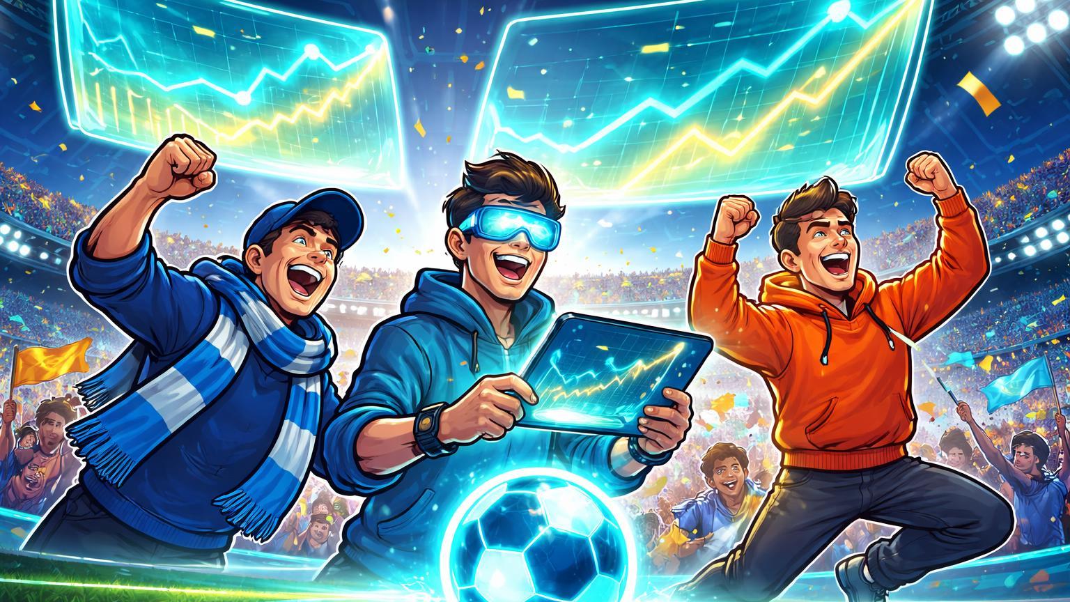 Fãs cartoon em estádio de futebol interagindo com telas holográficas de prediction markets, simbolizando parceria MLS-Polymarket em apostas cripto