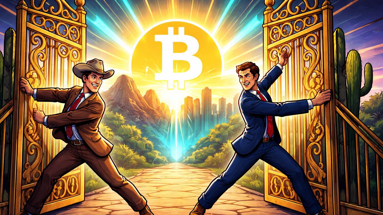 Legisladores cartoon de South Dakota e Arizona abrindo portões para horizonte Bitcoin luminoso, simbolizando adoção institucional nos EUA