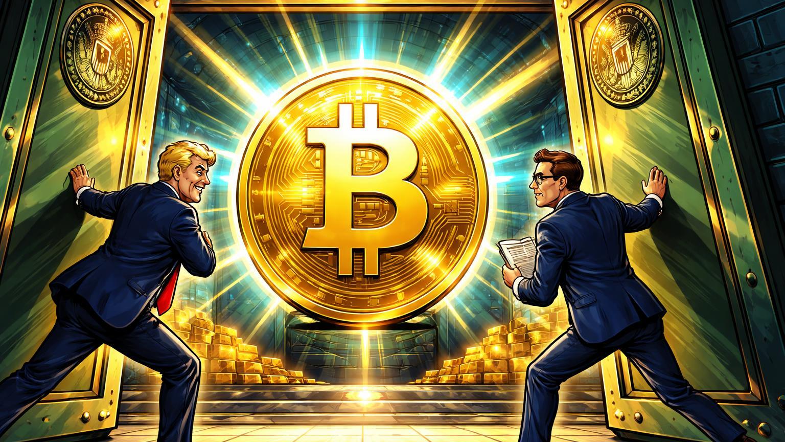 Personagens cartoon estilizados de político e executivo abrindo portas do Fed para Bitcoin dourado como novo ouro, sinalizando mudança política favorável a cripto
