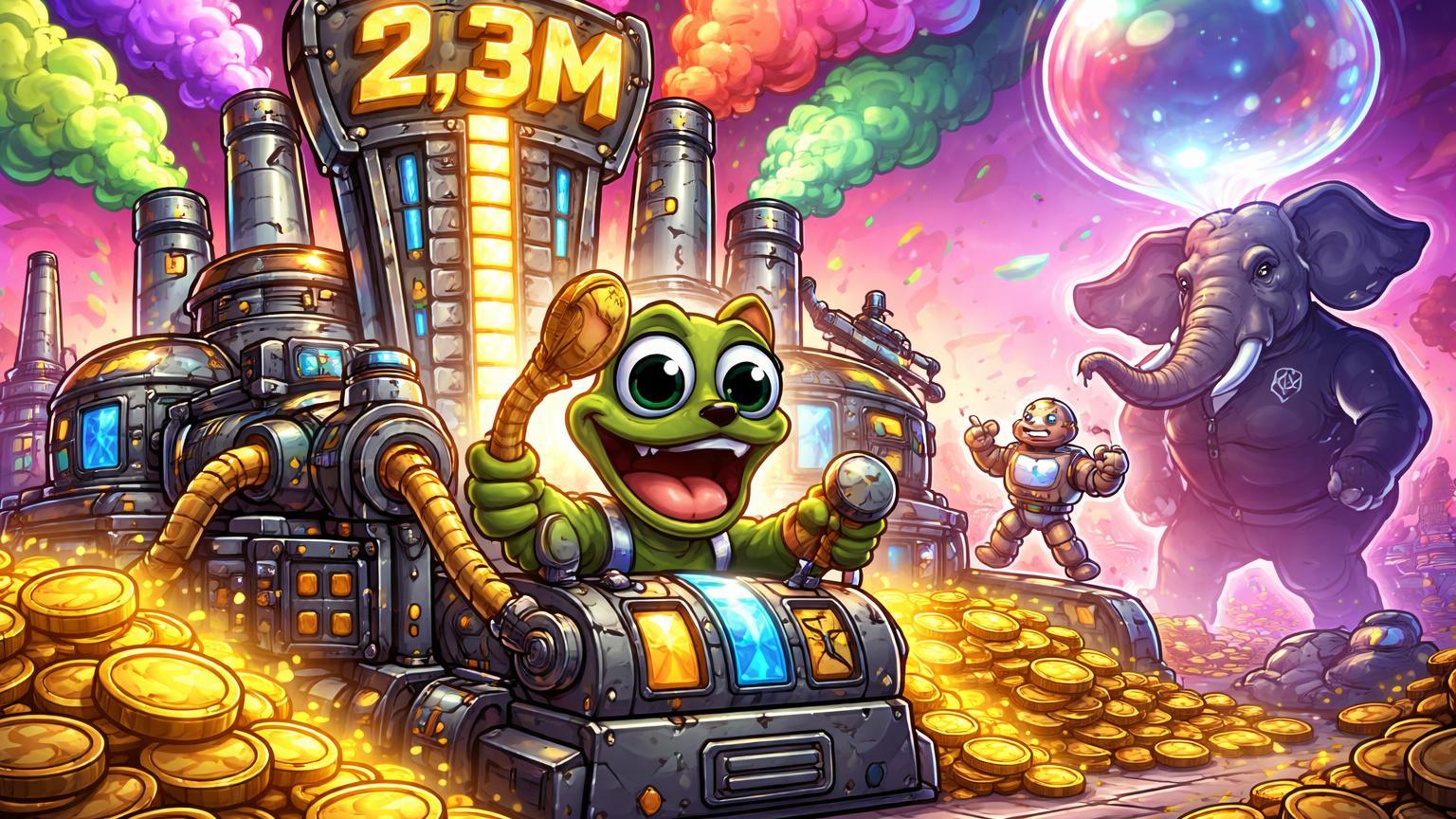 Fábrica cartoon de memes cuspindo moedas de ouro com 2.3M no medidor, enquanto robô DEX desafia elefante corporativo sob bolha de liquidez