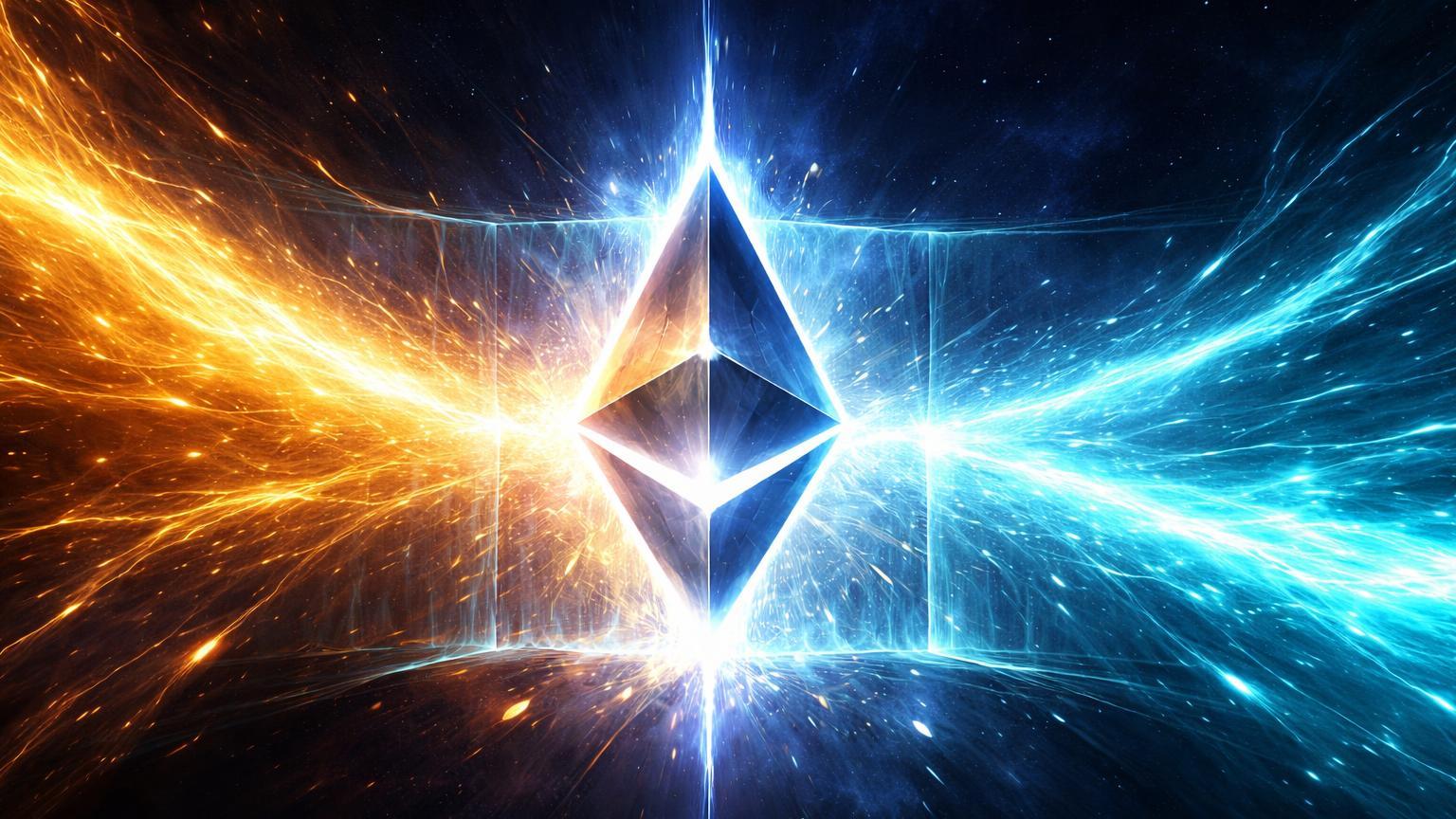Prisma Ethereum no limiar luminoso pressionado por fluxos dourados institucionais e cyan de baleias, simbolizando acumulação de US$12 bi