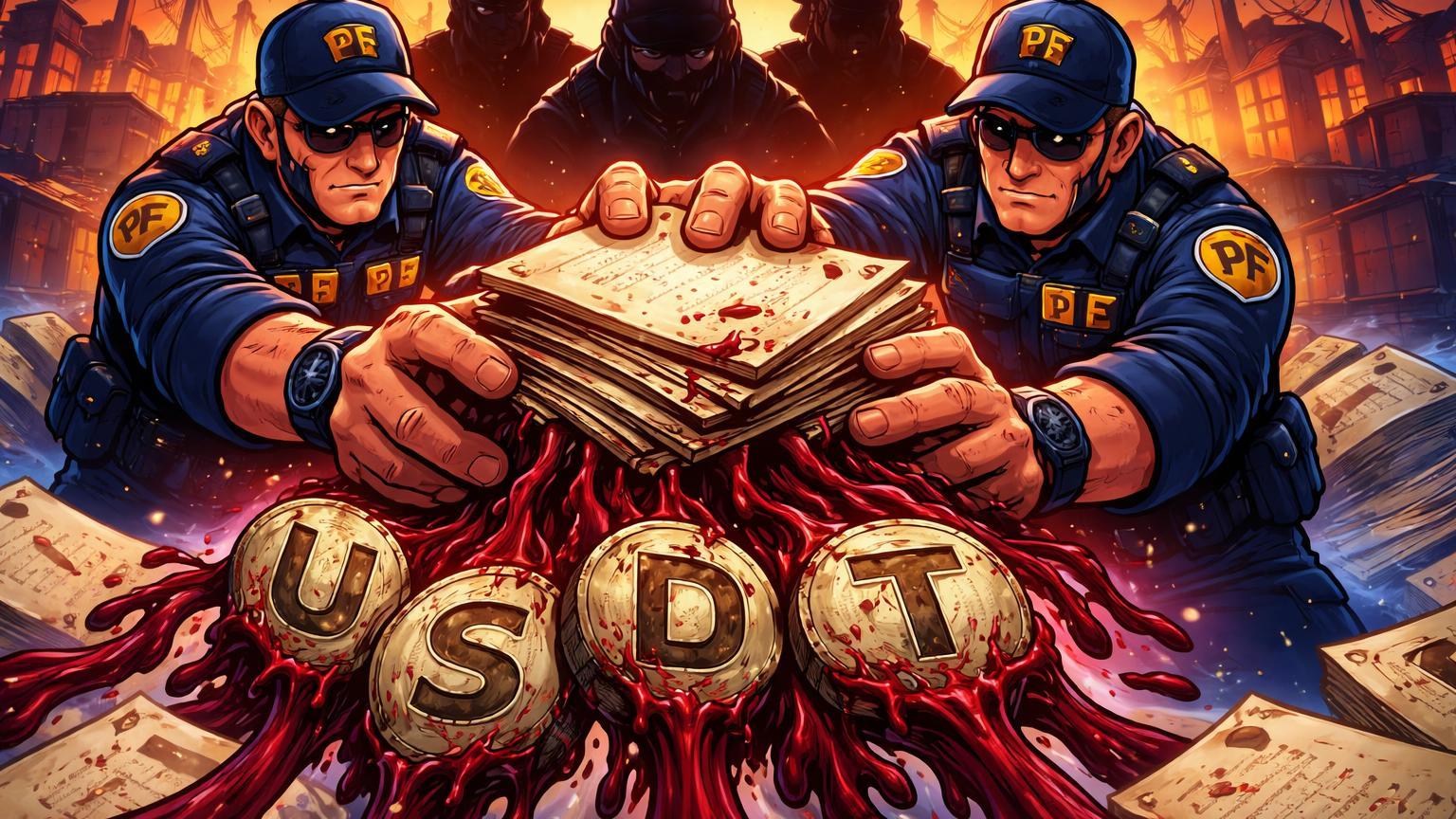 Policiais cartoon apreendendo cartas manuscritas emanando USDT corrompido, ilustrando operação PF contra lavagem de R$39 mi pelo PCC
