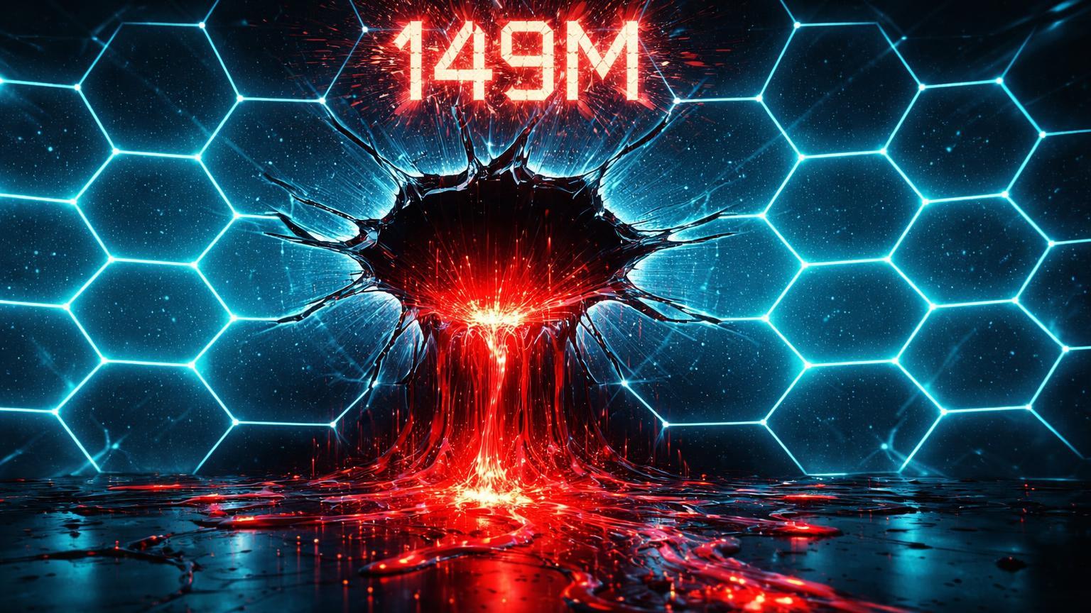 Rede hexagonal cyan com brecha vermelha vazando dados caóticos e '149M' rachado, expondo risco de vazamento massivo em carteiras cripto