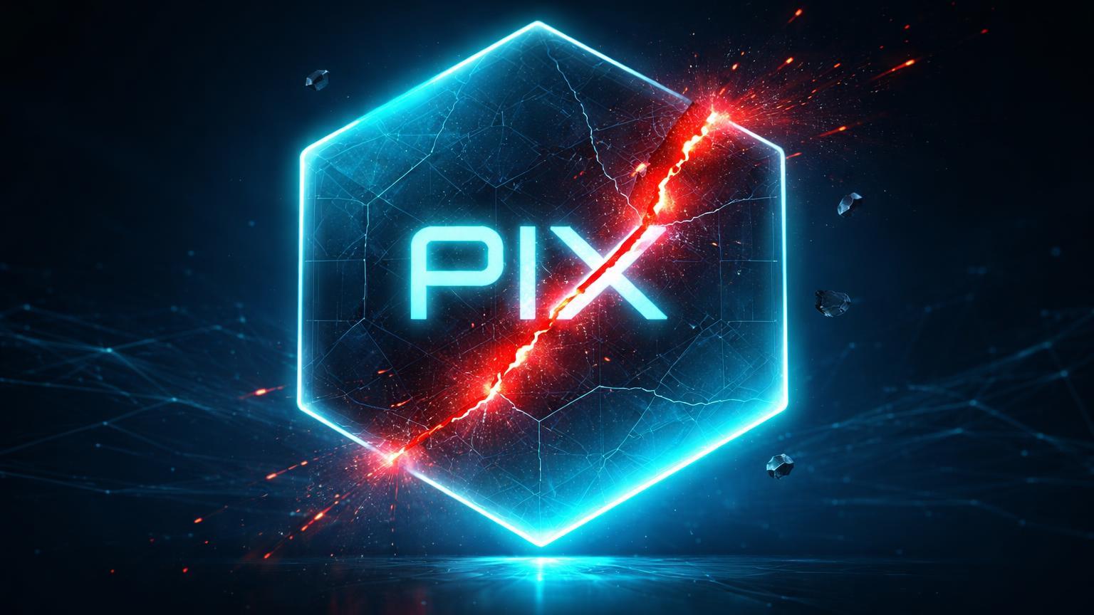 Barreira hexagonal digital com 'PIX' rachado por fissura vermelha e partículas infiltrantes, alertando ataque hacker no Banco do Nordeste